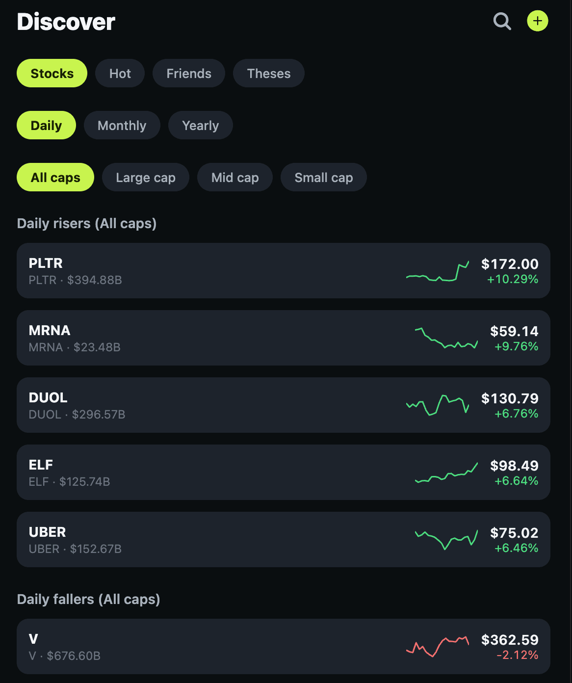 Discover screen showing daily stock risers with real prices