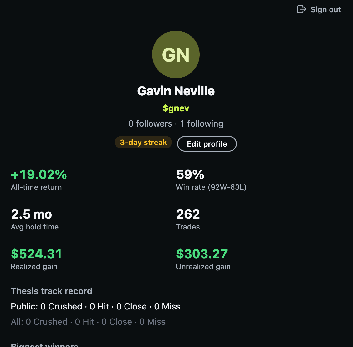 Profile screen showing all-time return, win rate, and realized/unrealized gains