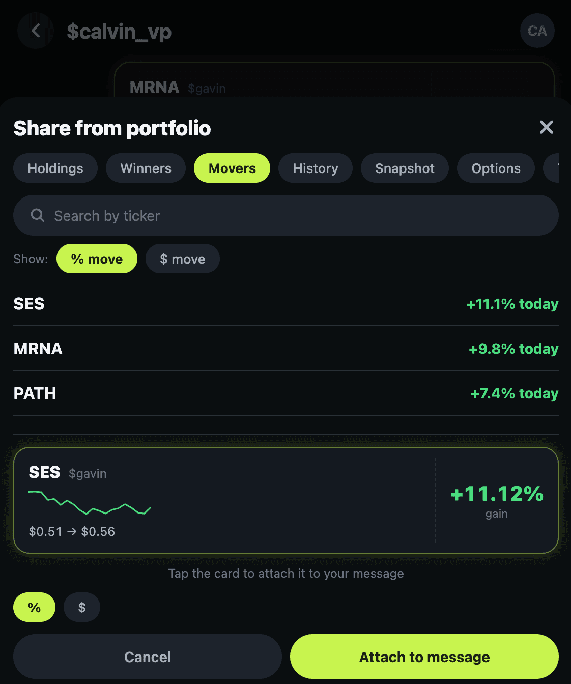 Sharing a stock's move directly into a group chat